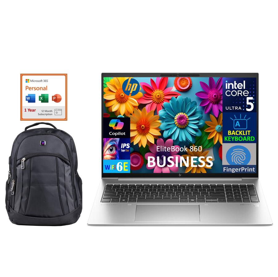 HP - Upgraded - EliteBook 860 Laptop 16.0 WUXGA (Intel Ultra 5-135U, 16GB DDR5, Win 11 Pro) w/Backpack , Office 365 - Pike Silver