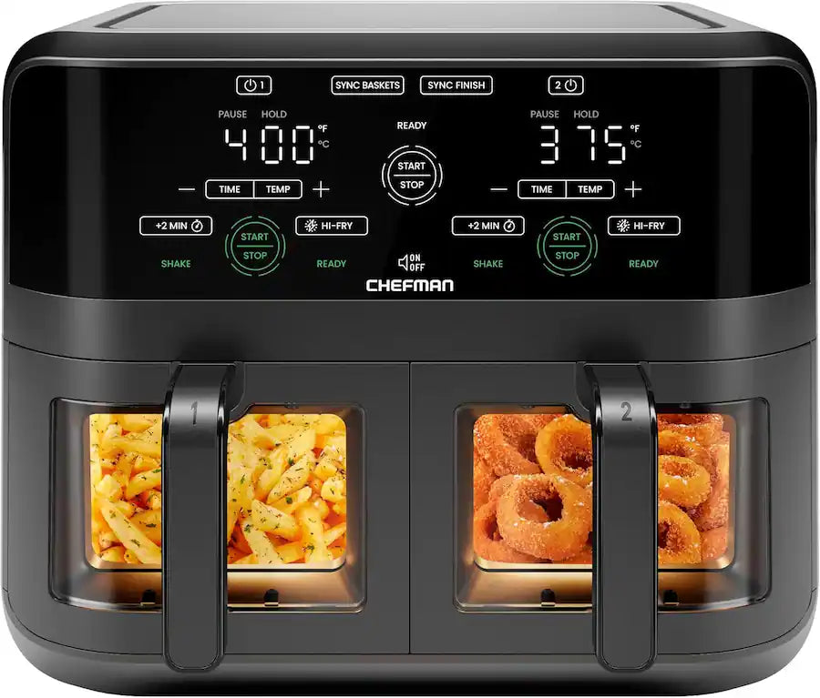 Chefman - Dual Basket Digital Air Fryer w/ Easy View Windows, 2 Independent 3 Qt Baskets - Black