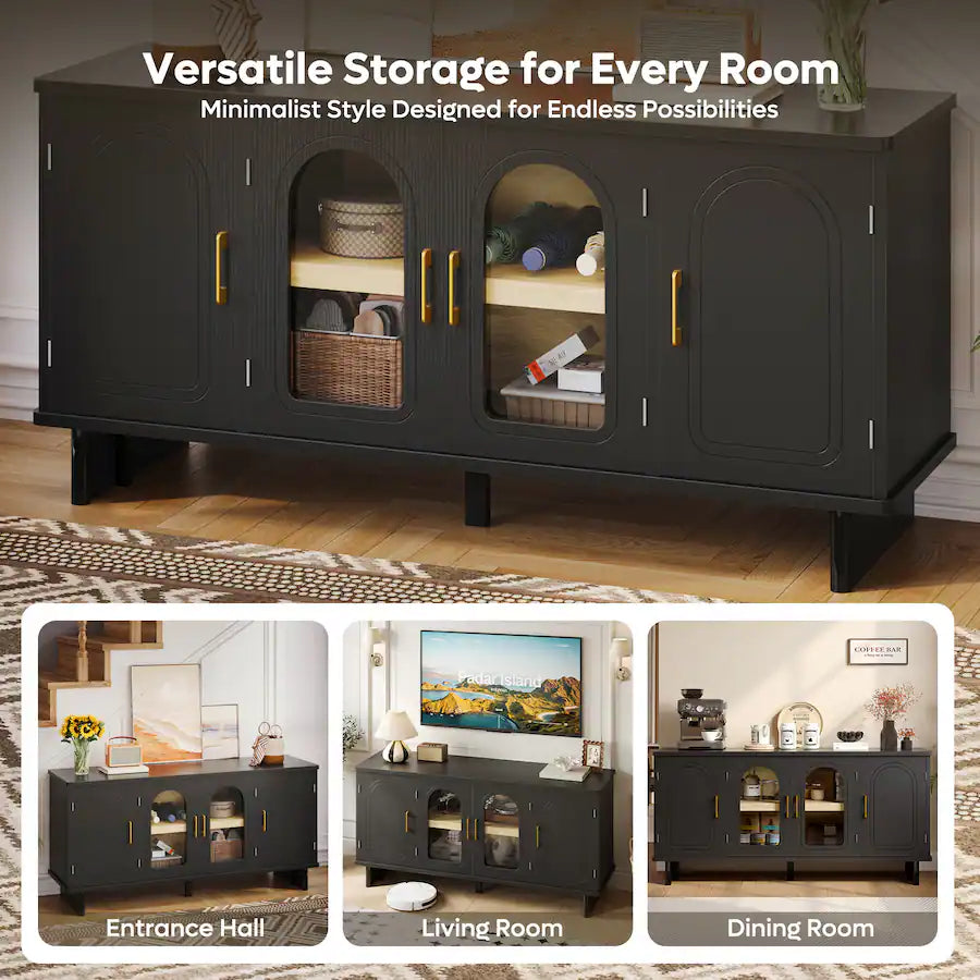 Bestier - 59 Inch Mid-Century Modern TV Stand with Arched Fluted Glass Doors & Adjustable Shelving - Black Grained