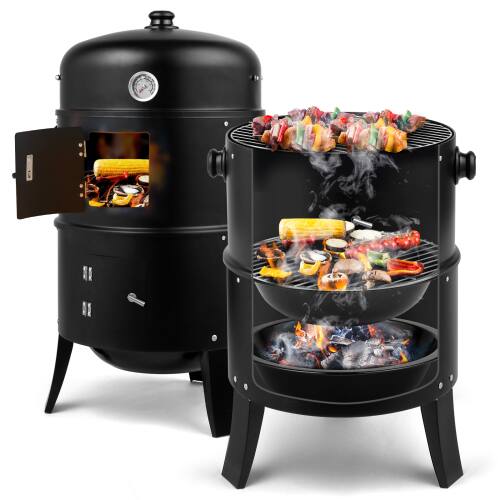 Winado - Charcoal Smoker BBQ Grill 3in1 Outdoor Vertical Smokers Portable Meat Cooker for Camping Picnic - Black