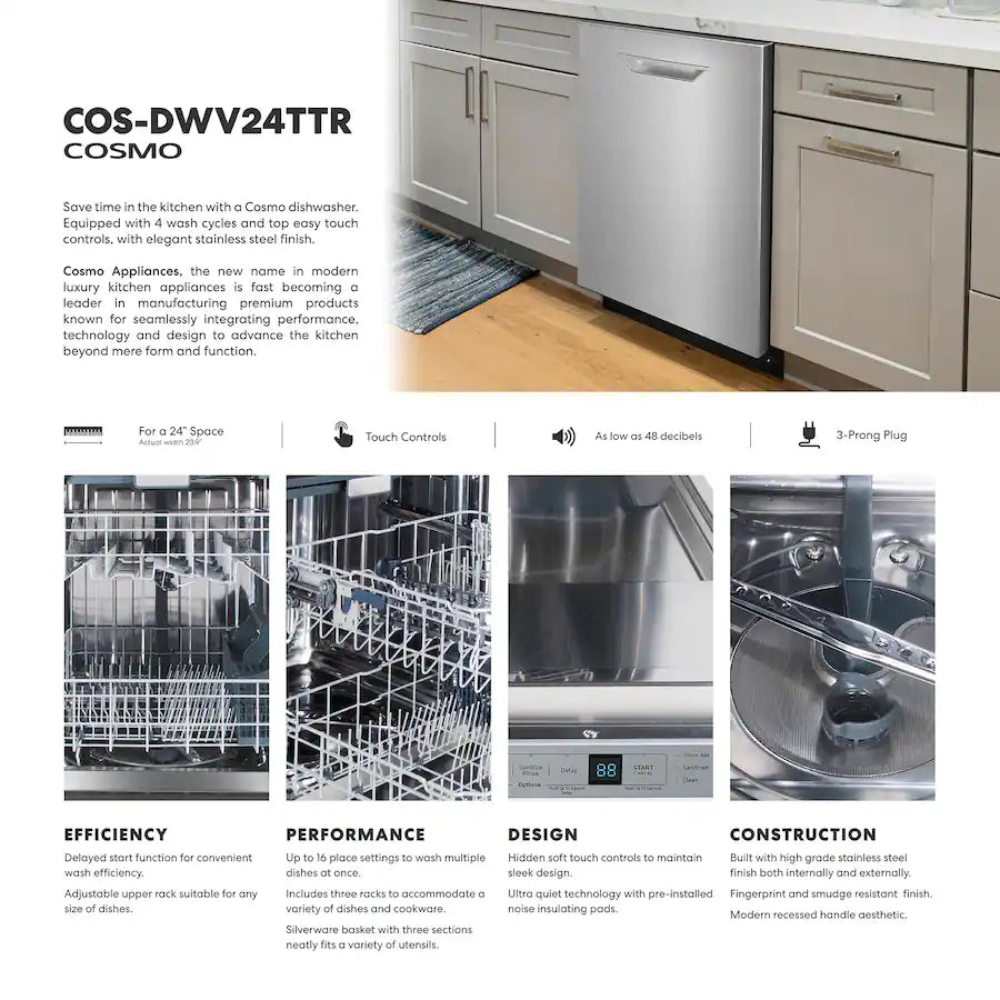 COSMO - COS-DWV24TTR 24 in. Vista Collection Built-in Dishwasher, Advanced Sanitize Technology, Ultra-Quiet Operation - Stainless Steel