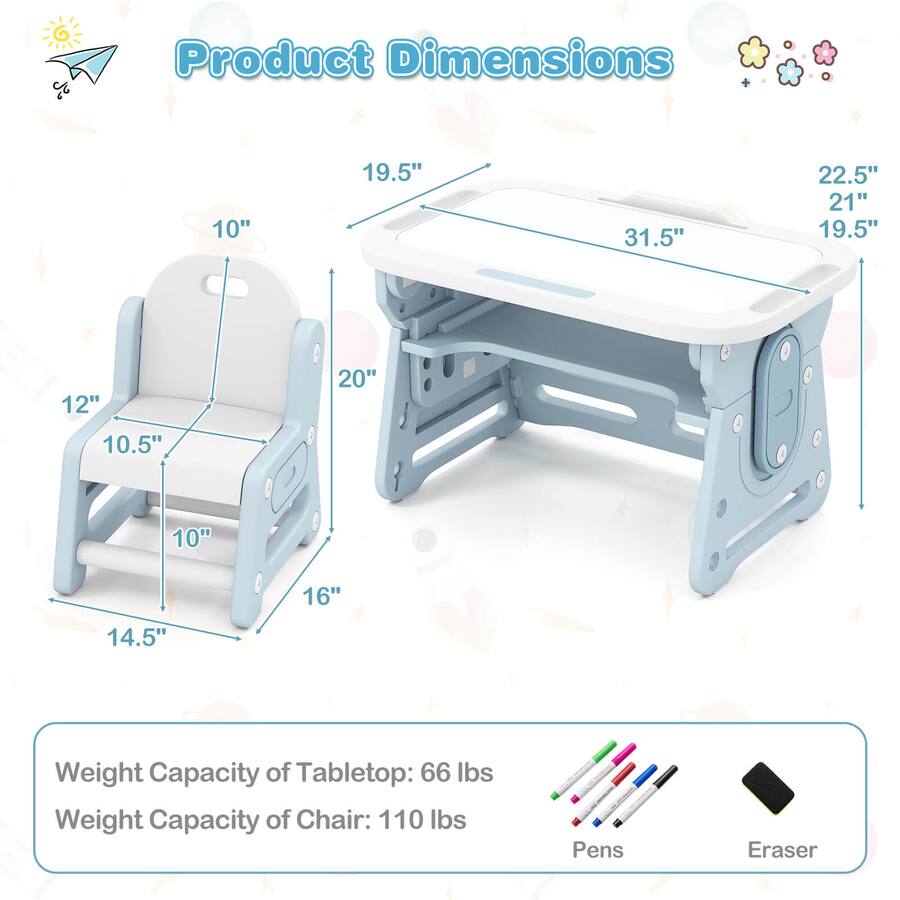 Gymax - Kids Table & Chair Set Height Adjustable Toddler Drawing Table w/ Book Stand - Blue