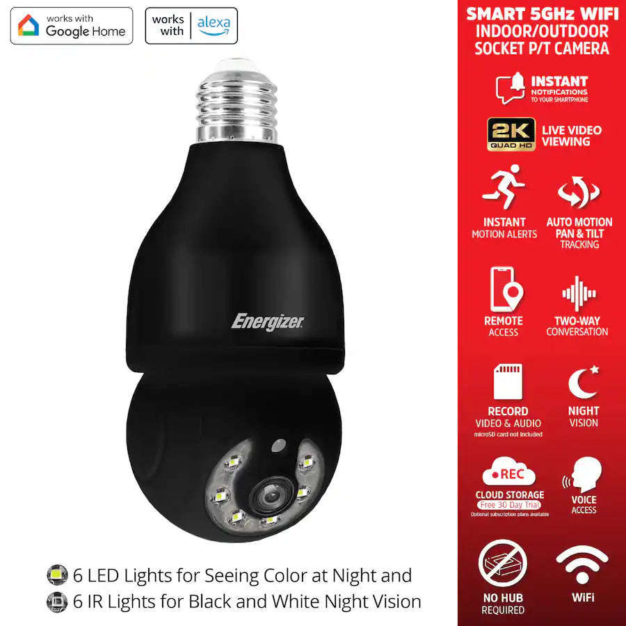 Energizer - 2-Pack Smart 5GHz 2K Security Auto Tracking P/T Light Bulb Socket Camera - Black