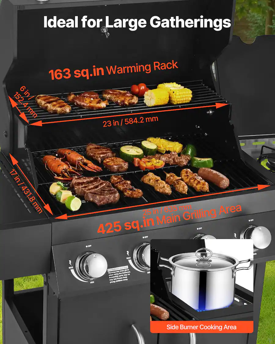VEVOR - Gas Grill, 4 Burner Propane Gas Grill with Side Burner, 425 SQ.In Grilling Area, Carbon Steel Enamel Grates - Black