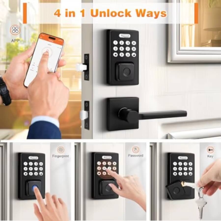 Luckbyte - Smart Door Lock With Fingerprint Keypad Keyless Entry Lever Handle - Black