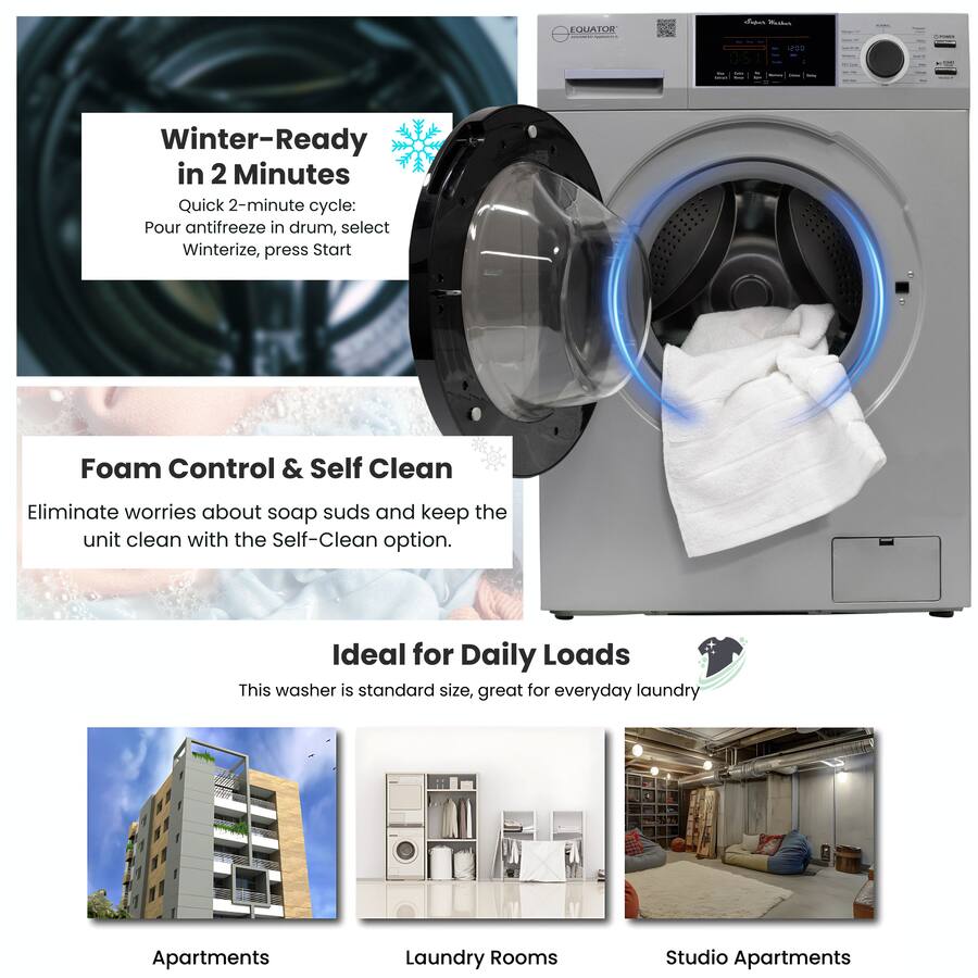 Equator - EW 826 Compact Front Load Washer 1.62 Cu. Ft. 15 lbs Sanitize Allergen Pet Cycle 15 Programs 110V - Silver