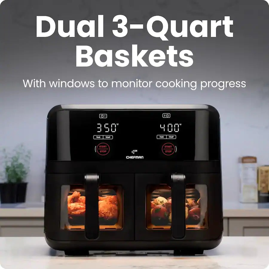 Chefman - Dual Basket Digital Air Fryer w/ Easy View Windows, 2 Independent 3 Qt Baskets - Black