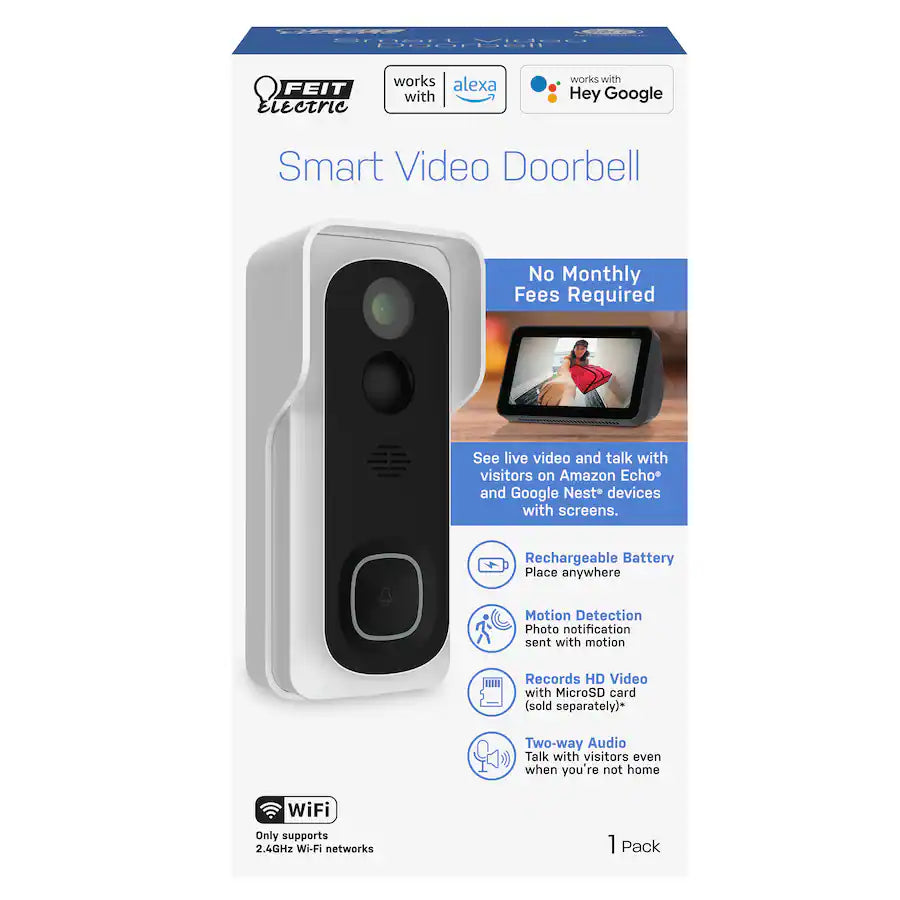 FEIT ELECTRIC - Smart Wi-Fi Video Doorbell Battery Operated - Black/White