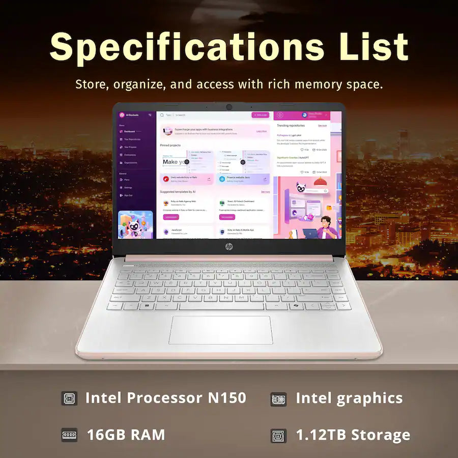 HP - Stream 14" HD Laptop,Intel N150 CPU,16GB RAM,128GB UFS+1TB Docking Set,1 Year Office 365,HD Camera,Win 11s - Gold