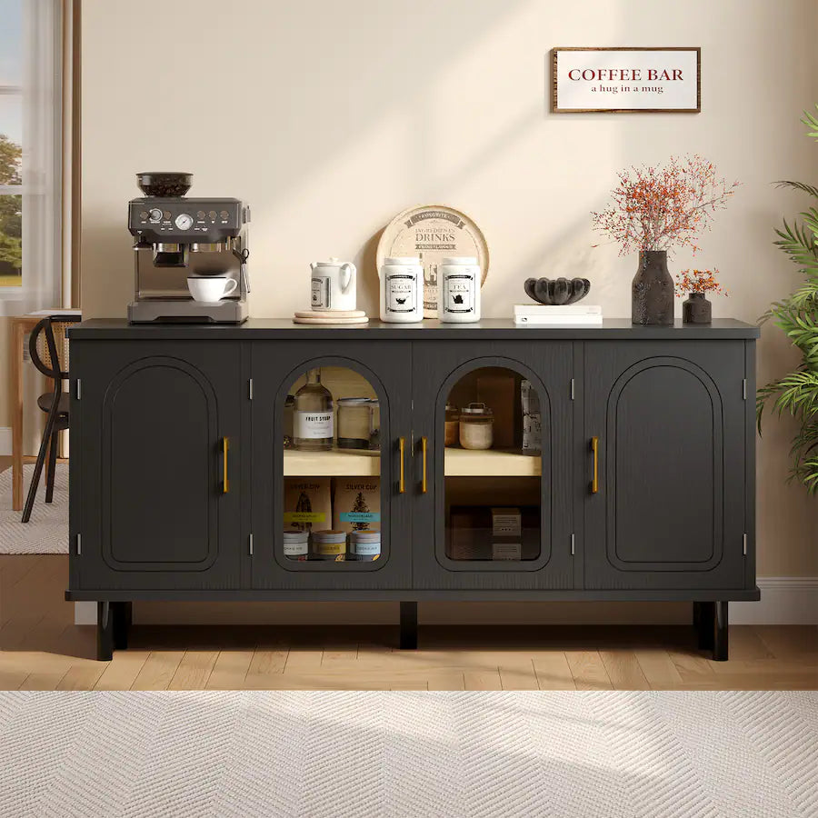Bestier - 59 Inch Mid-Century Modern TV Stand with Arched Fluted Glass Doors & Adjustable Shelving - Black Grained