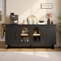 Bestier - 59 Inch Mid-Century Modern TV Stand with Arched Fluted Glass Doors & Adjustable Shelving - Black Grained