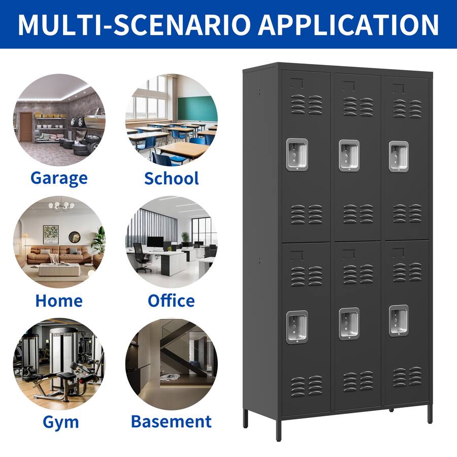 Anysun - 6-Door 72" Metal Storage Locker with Secure Locks, Assembly Required - Black