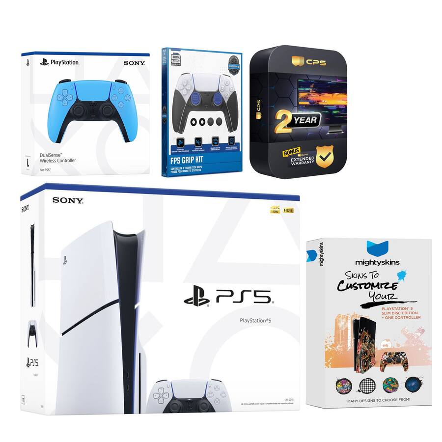 Playstation 5 Slim Disc with Extra Controller, FPS Grip Kit and MightySkins Decal Voucher + 2 Year