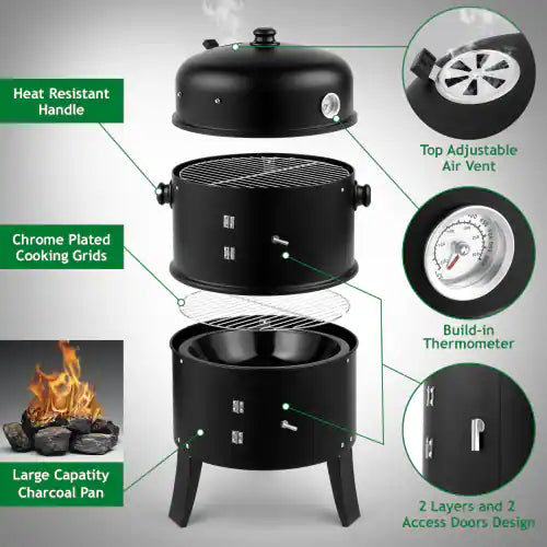 Winado - Charcoal Smoker BBQ Grill 3in1 Outdoor Vertical Smokers Portable Meat Cooker for Camping Picnic - Black