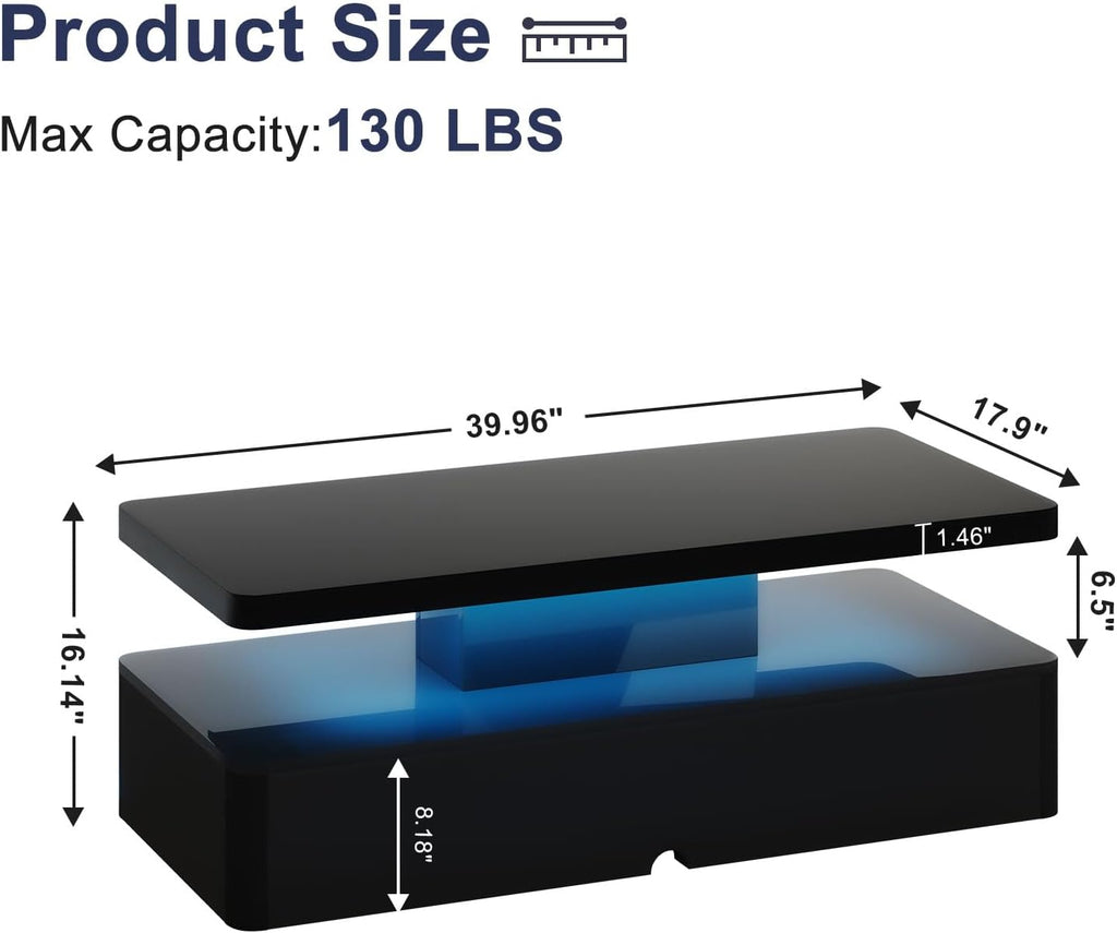 Modern Coffee Table, 40 Inches Coffee Tables with 16 Colors LED Lights, 2 Tier Rectangular Center Table, Large Storage Space