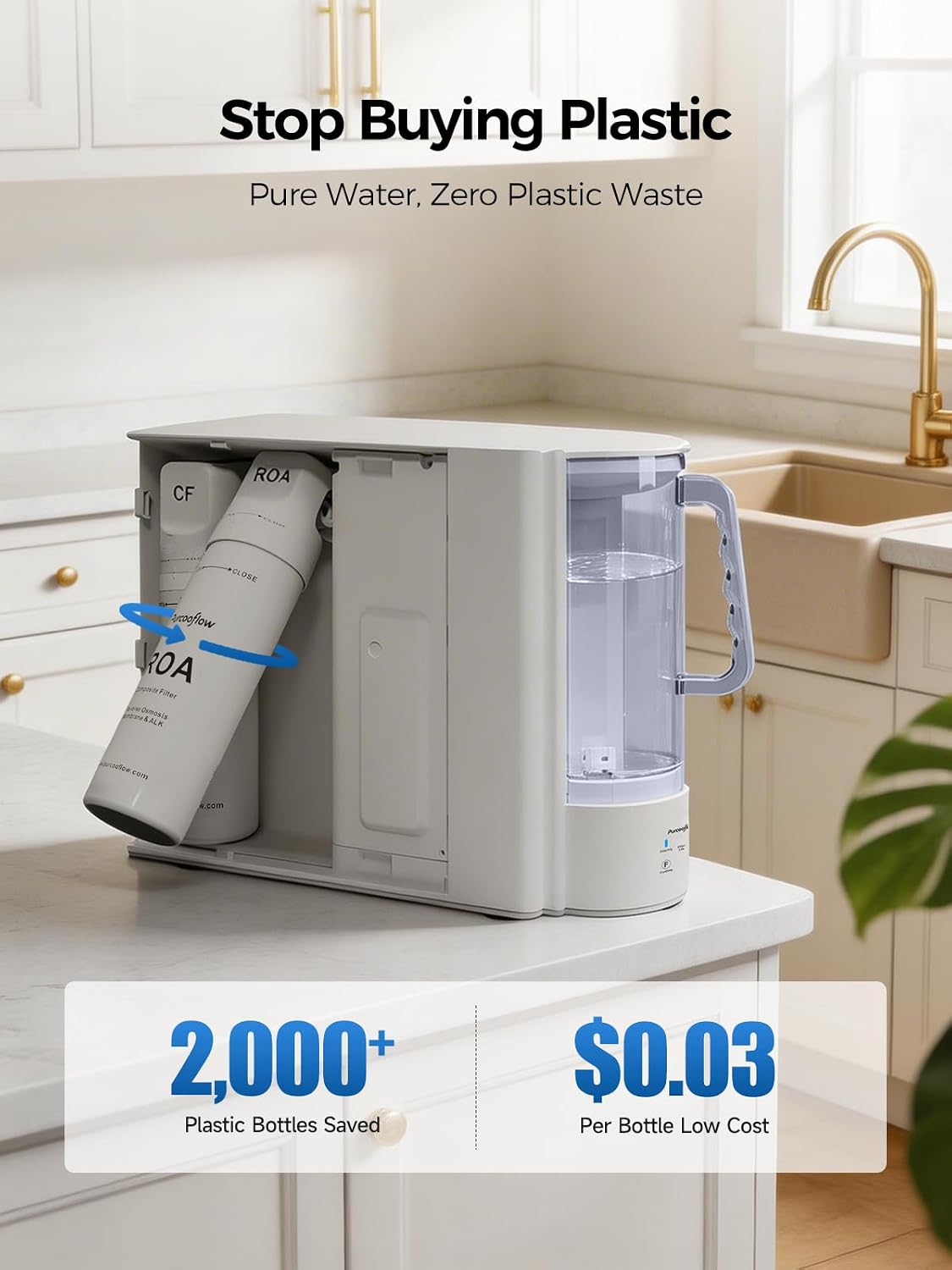 Countertop Reverse Osmosis Water Filtration System, Alkaline, Compact Auto-Fill Dispenser for Home