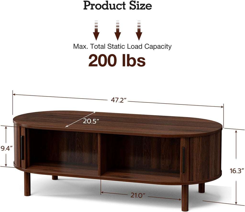 Coffee Table for Living Room, Modern Oval Coffee Table with Cabinets & Sliding Doors