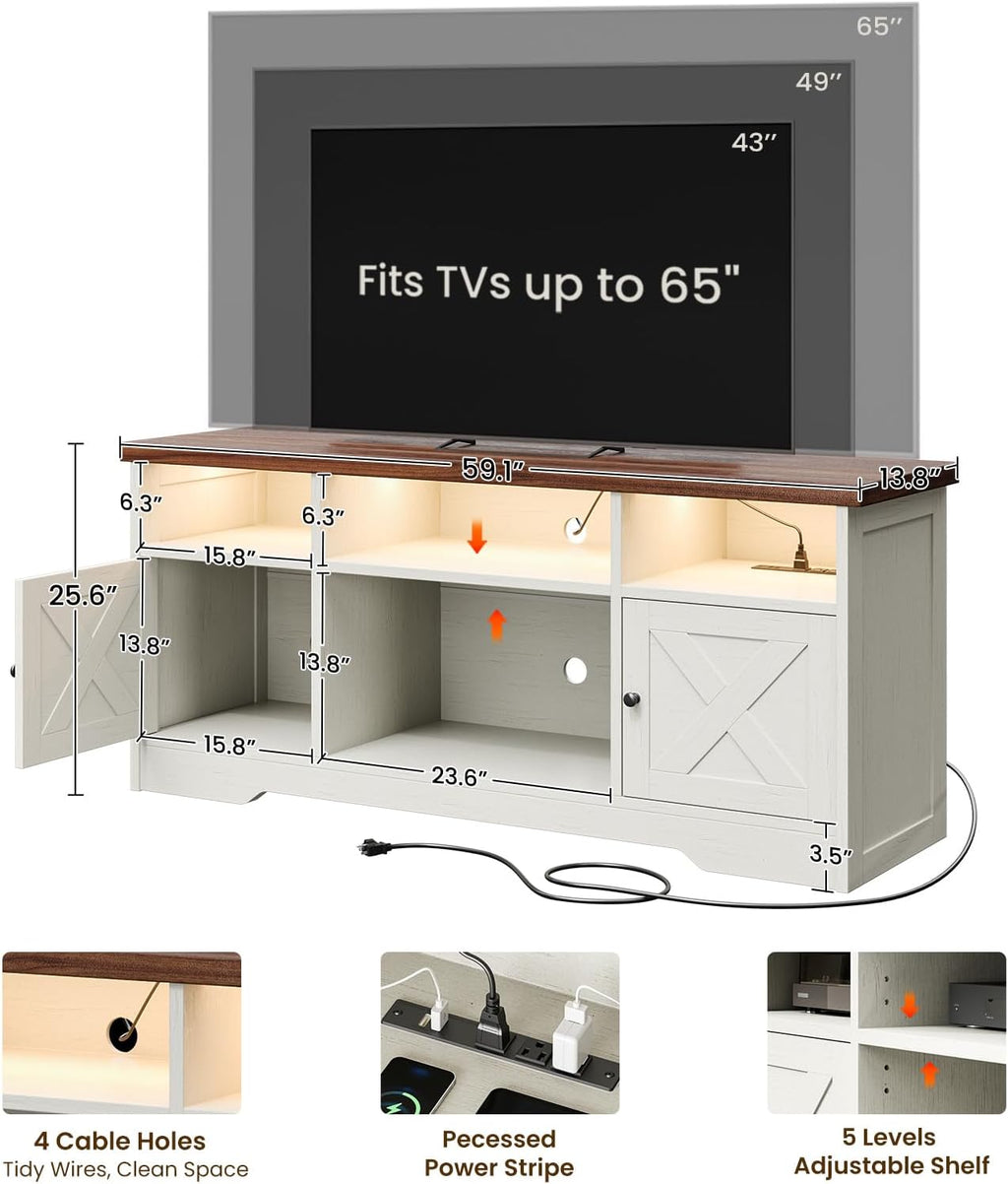 Casaottima TV Stand for 65 Inch TV, Farmhouse Entertainment Center with Power Outlet & LED Light