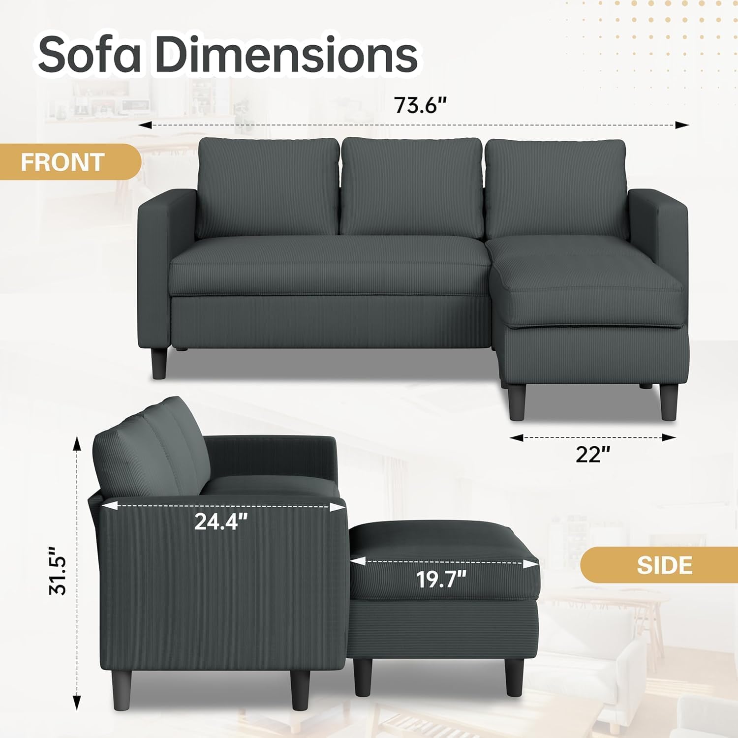 Couches for Living Room, 3-Seat Reversible Sectional Sofa with Convertible Ottoman