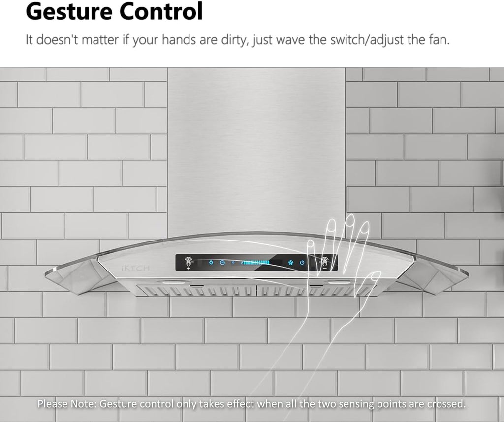 30-inch Wall Mount Range Hood Tempered Glass 900 CFM, Kitchen Chimney Vent Stainless Steel with Gesture Sensing & Touch Control