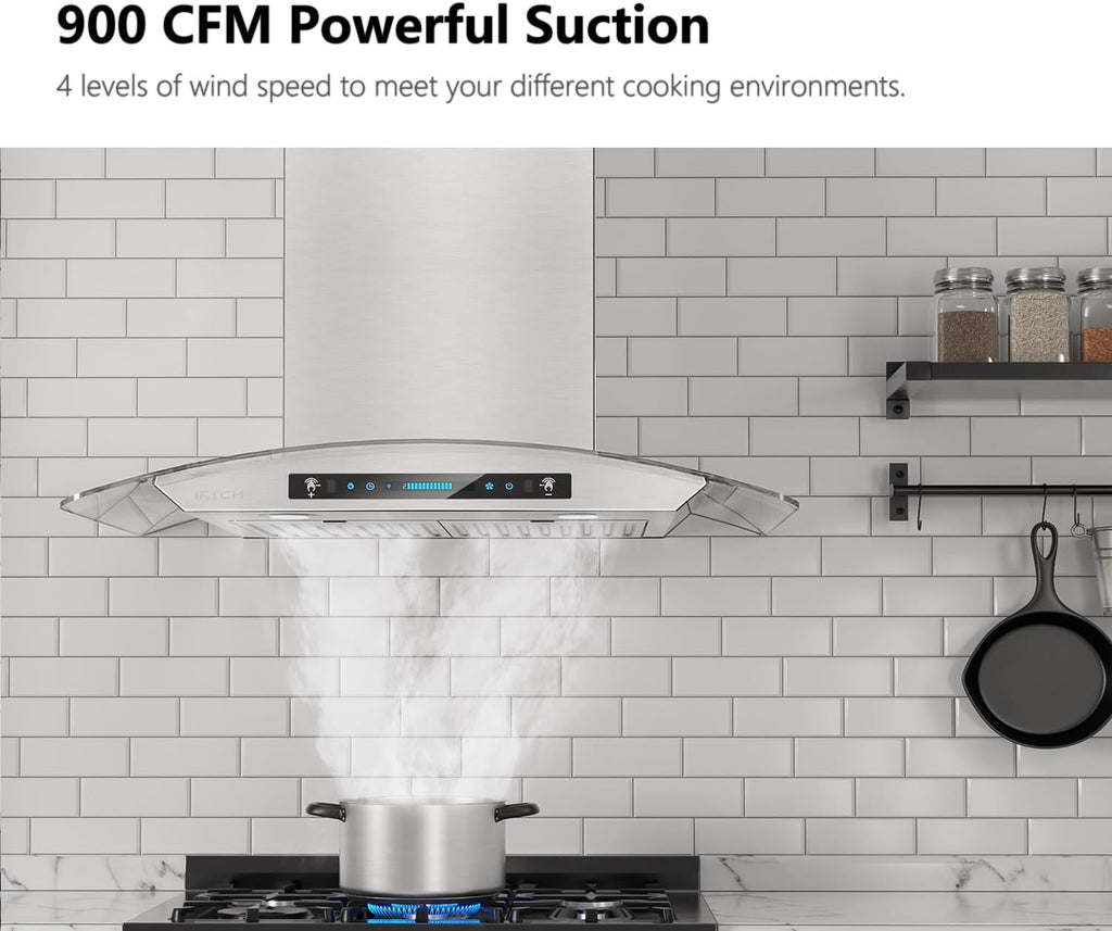 30-inch Wall Mount Range Hood Tempered Glass 900 CFM, Kitchen Chimney Vent Stainless Steel with Gesture Sensing & Touch Control