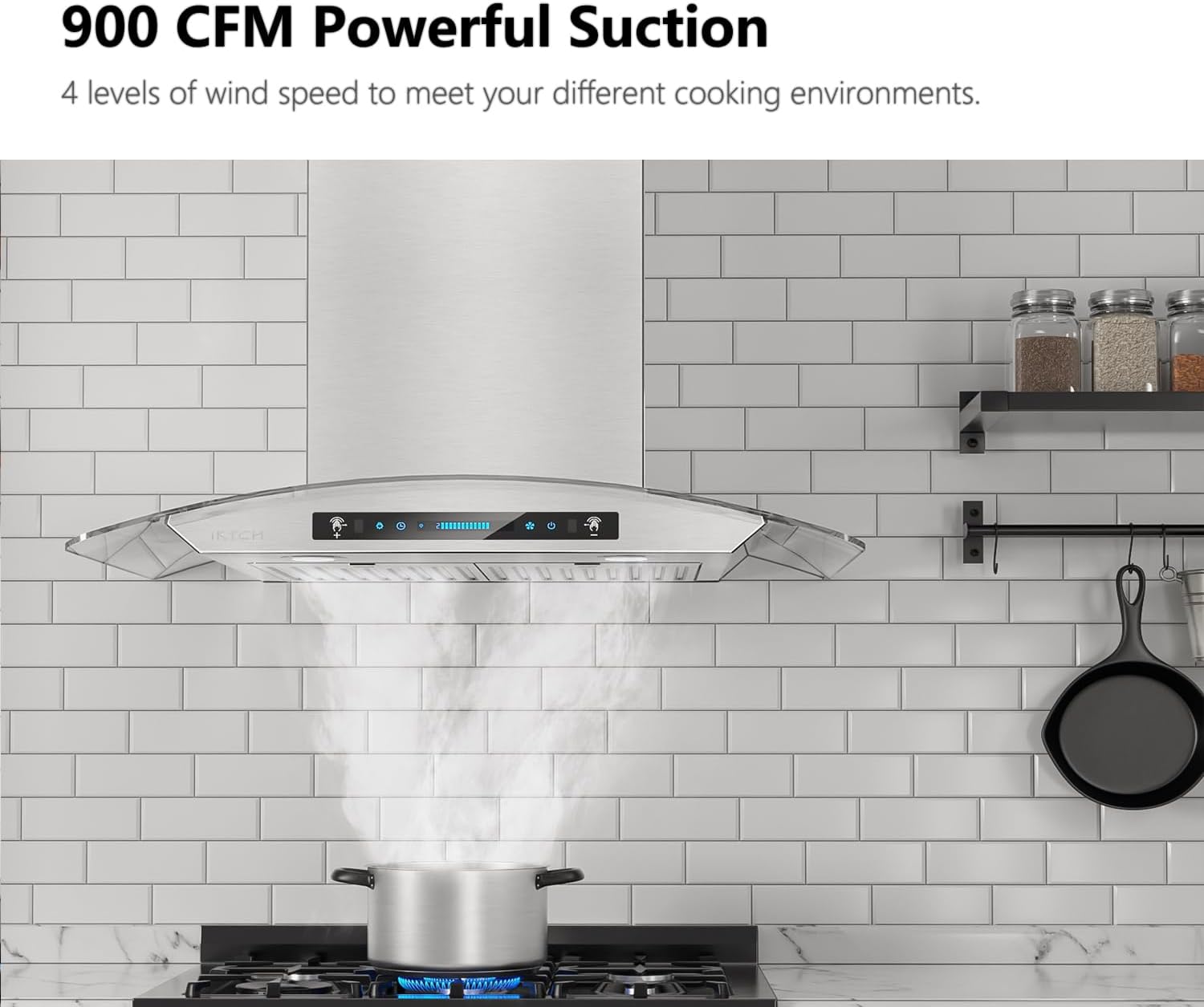 30-inch Wall Mount Range Hood Tempered Glass 900 CFM, Kitchen Chimney Vent Stainless Steel with Gesture Sensing & Touch Control