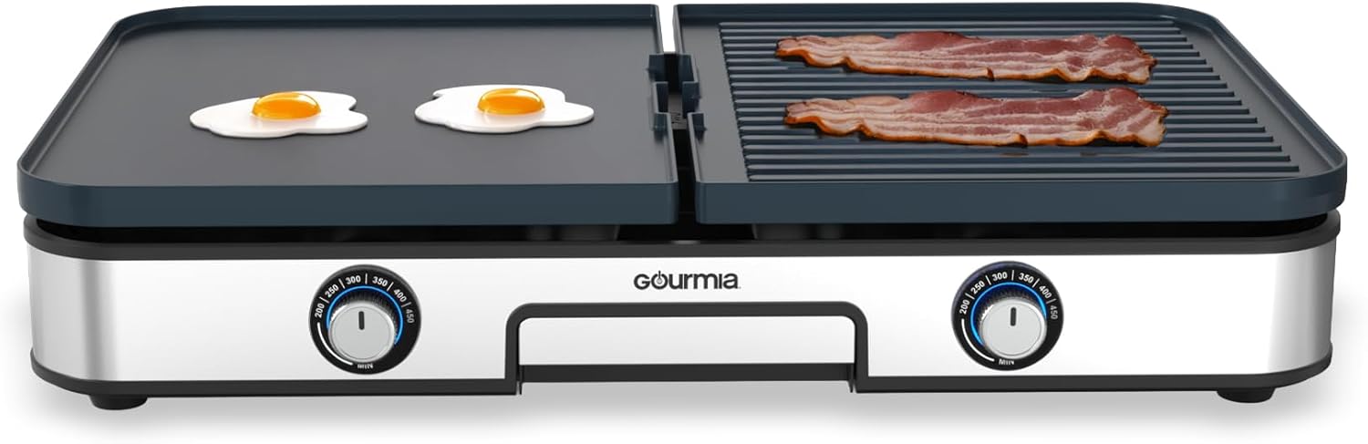 Gourmia 3-in-1 Indoor Grill & Griddle Electric Combo – Dual Independent Cooking Zones, Reversible Nonstick