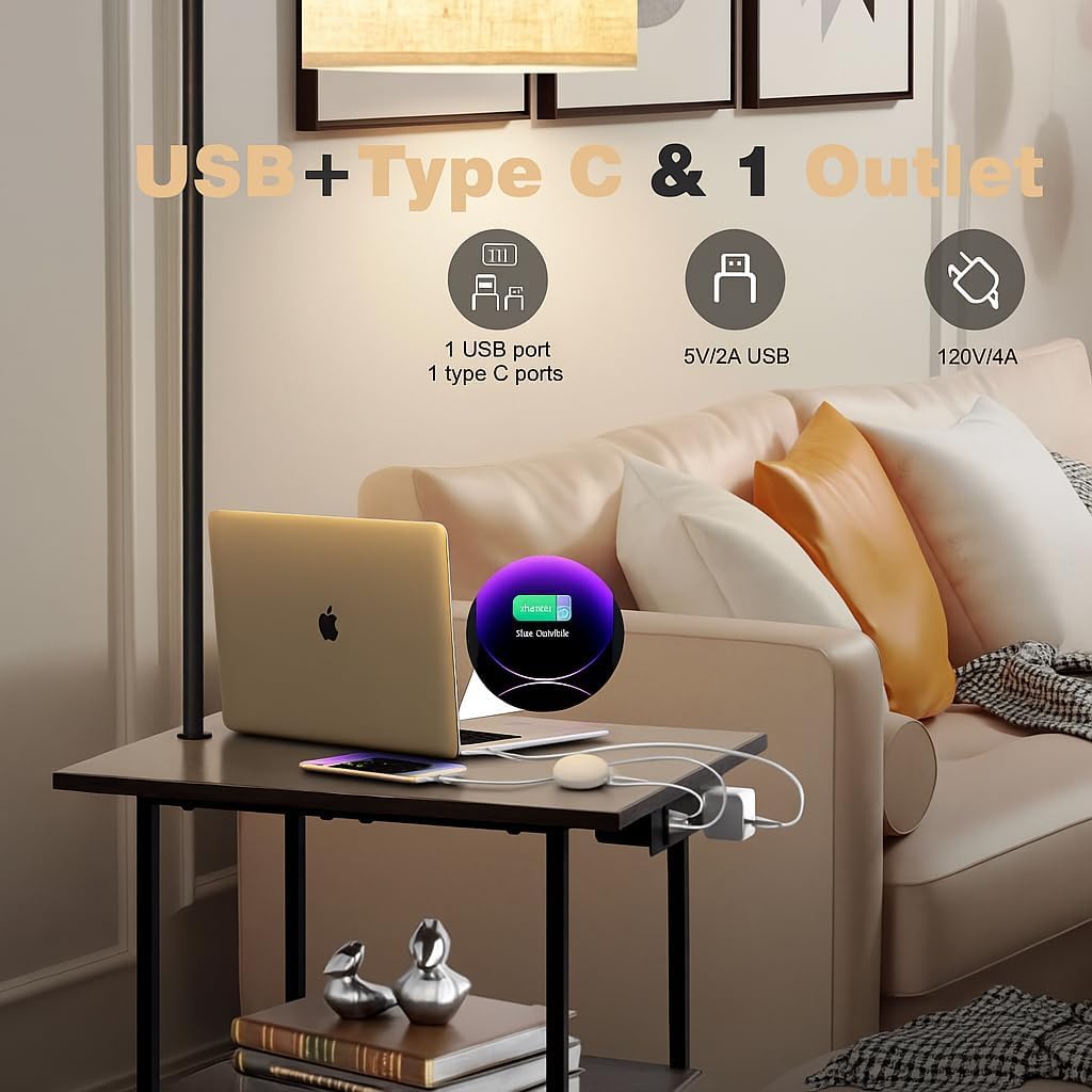 PESRAE Floor Lamp with Table, End Tables with Charging Station(USB & Type-C & AC Port)