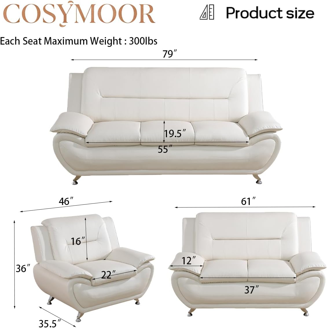 Faux Leather Sectional Sofa Set, Contemporary Living Room Furniture Set, 2-Piece Loveseat and Chair Set