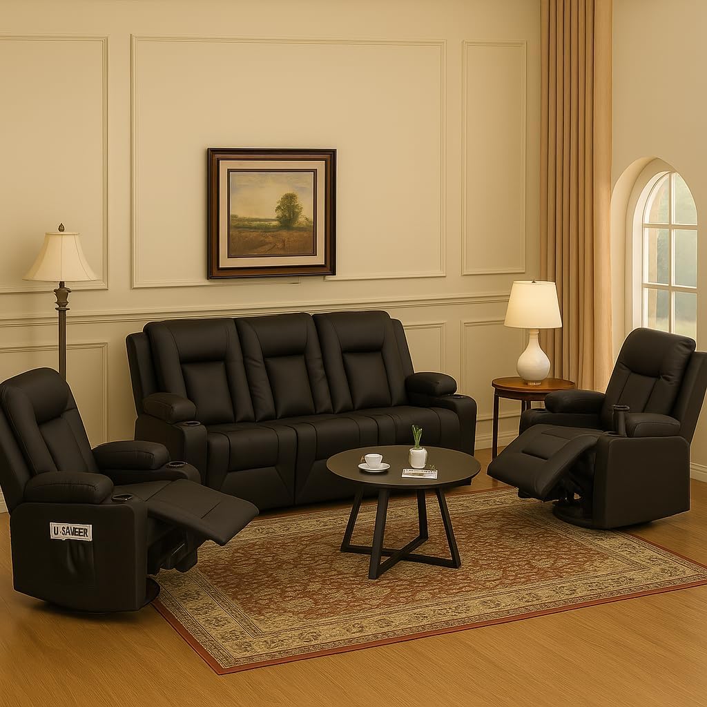 LUCKLIFE Leather Recliner Sofa Set with Manual Recliners,Living Room Furniture Set with Reclining Couch