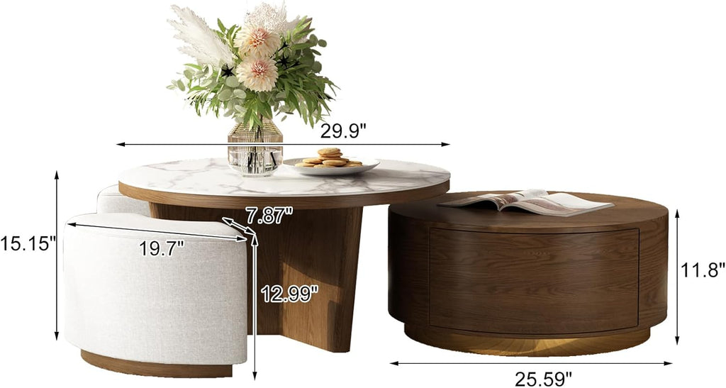 Lartis Coffee Table Set 2 - Walnut Coffee Table with Drawer and Stools - Sintered Stone Tabletop Modern