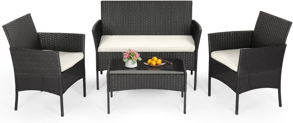 FDW | 4-Piece Patio Furniture Set | Black | Outdoor Wicker Furniture with Coffee Table | Modern Rattan Chairs Conversation Set |