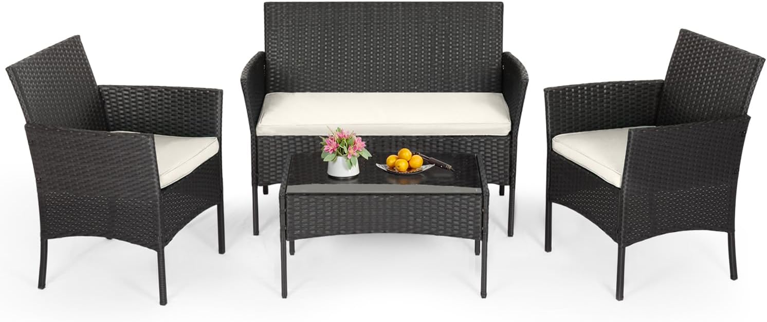 FDW | 4-Piece Patio Furniture Set | Black | Outdoor Wicker Furniture with Coffee Table | Modern Rattan Chairs Conversation Set |
