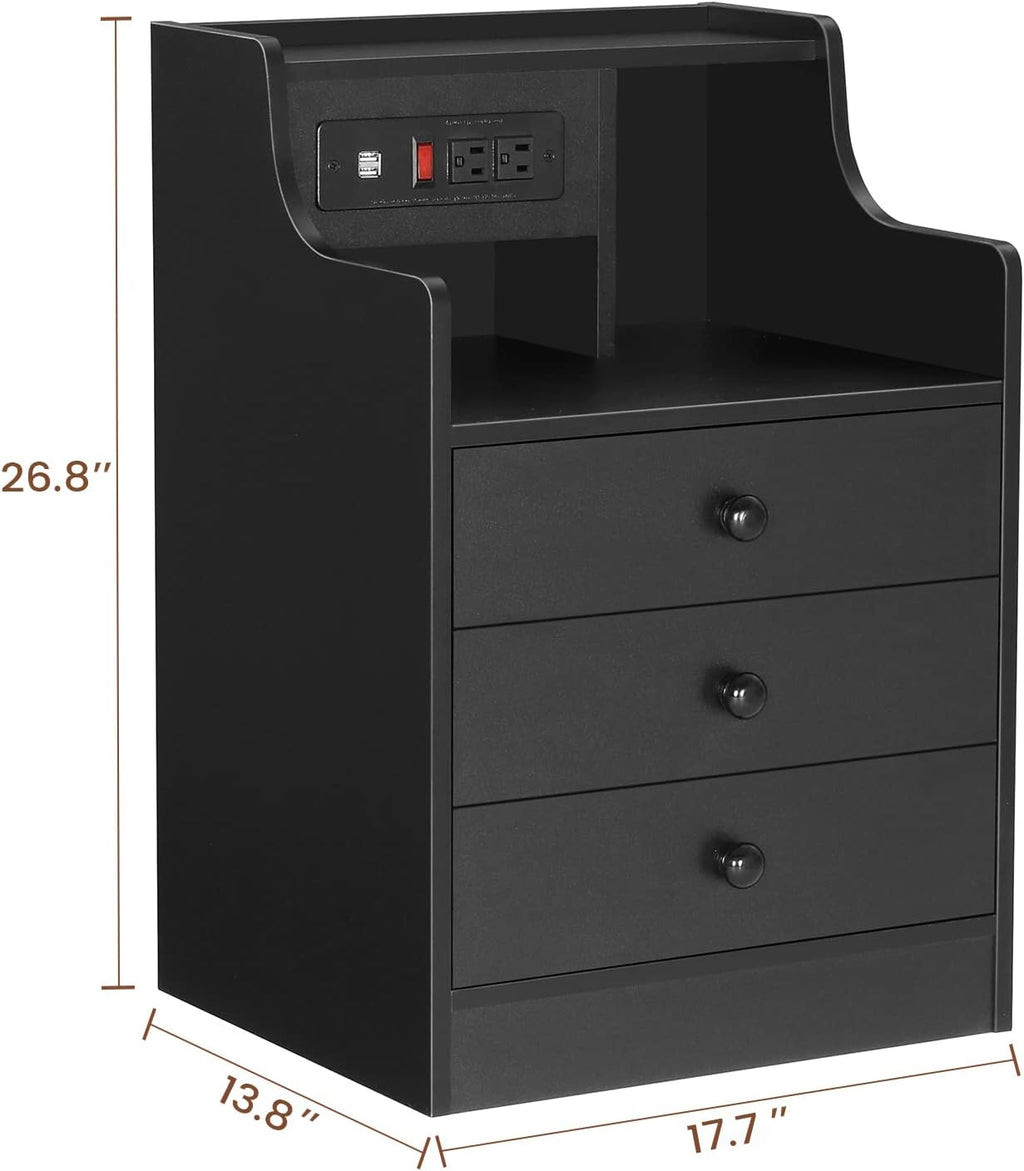 ADORNEVE Nightstand with Charging Station,Black Night Stand for Bedroom