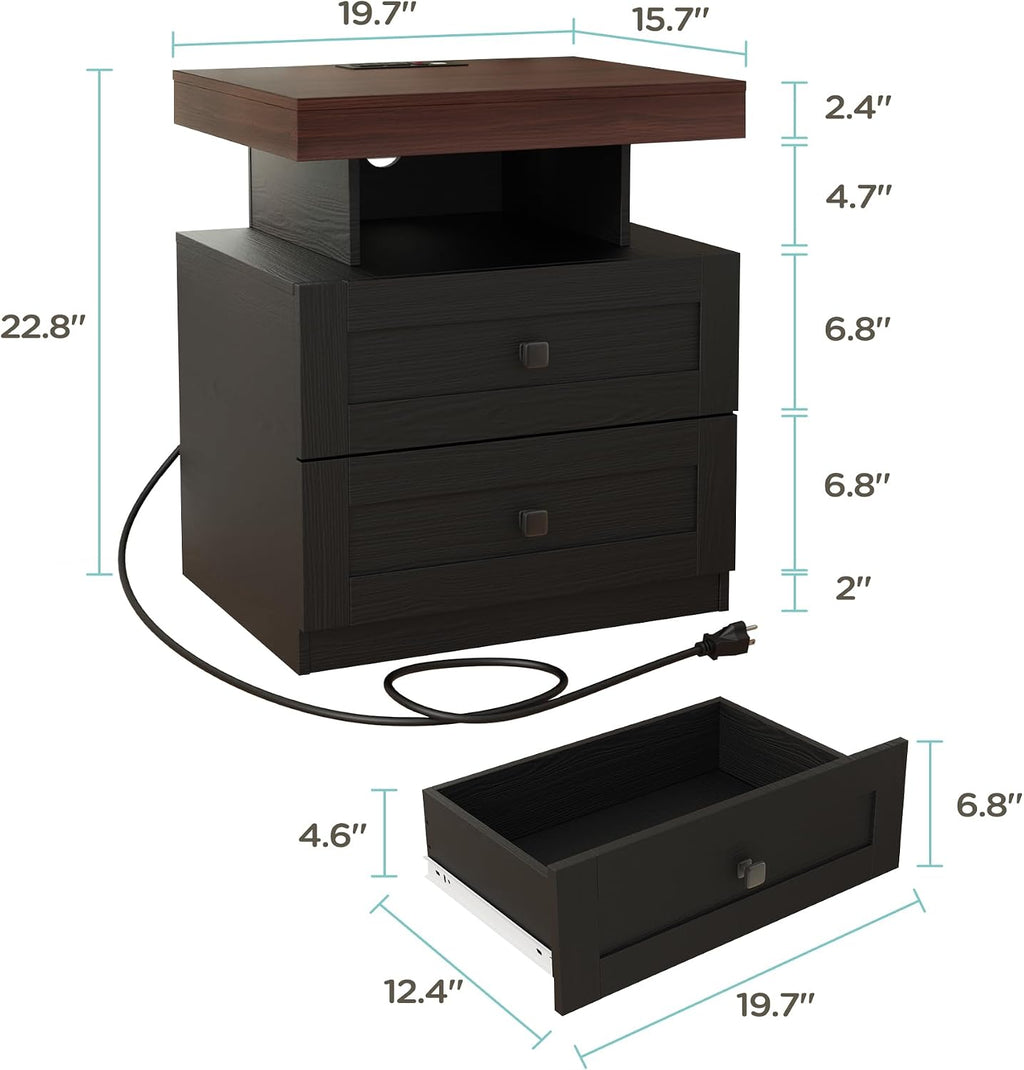 MHOM Farmhouse LED Nightstand Set of 2, Wood Bedroom Side Table with Charging Station
