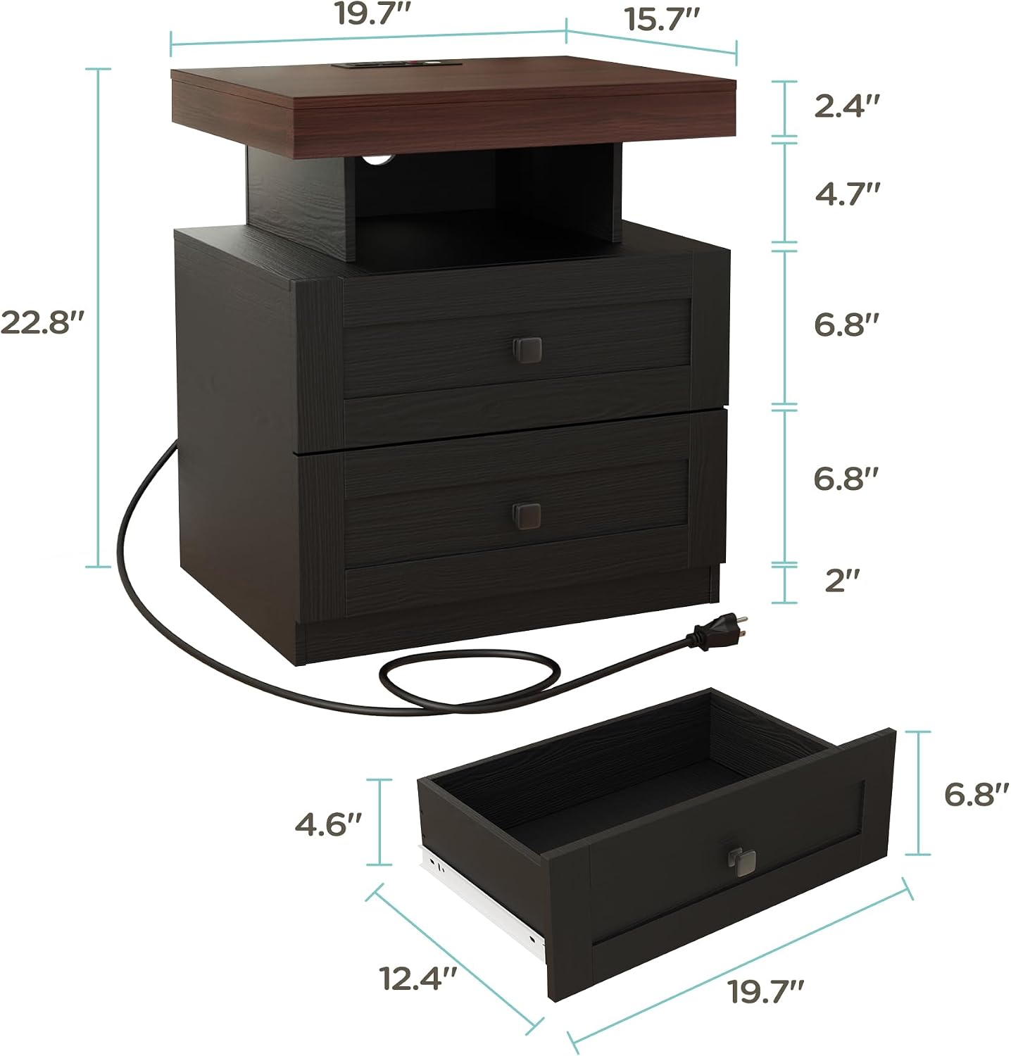 MHOM Farmhouse LED Nightstand Set of 2, Wood Bedroom Side Table with Charging Station