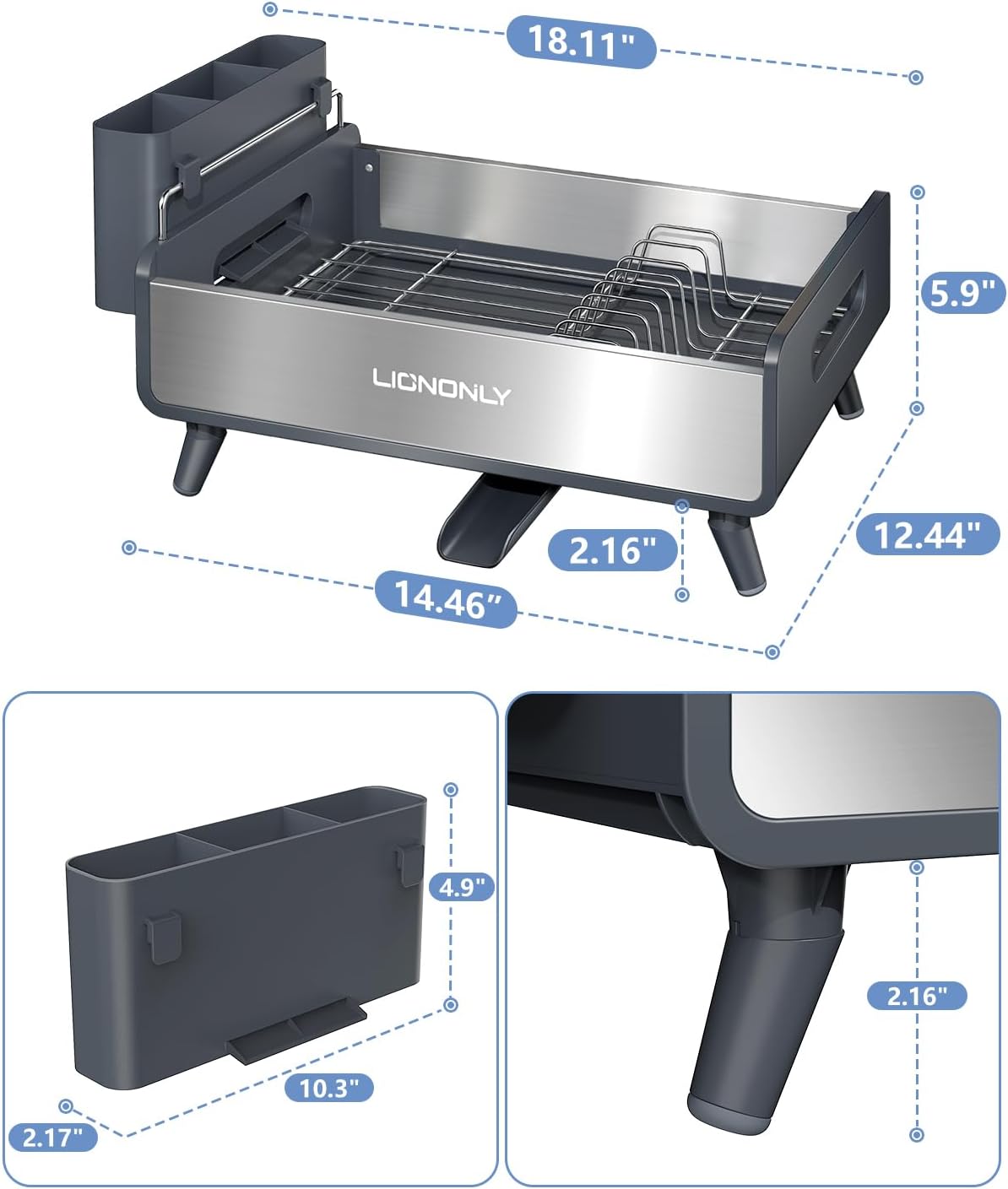 Dish Drying Rack with Drain Board, 304 Stainless Steel Core, Aluminum Rustproof Frame