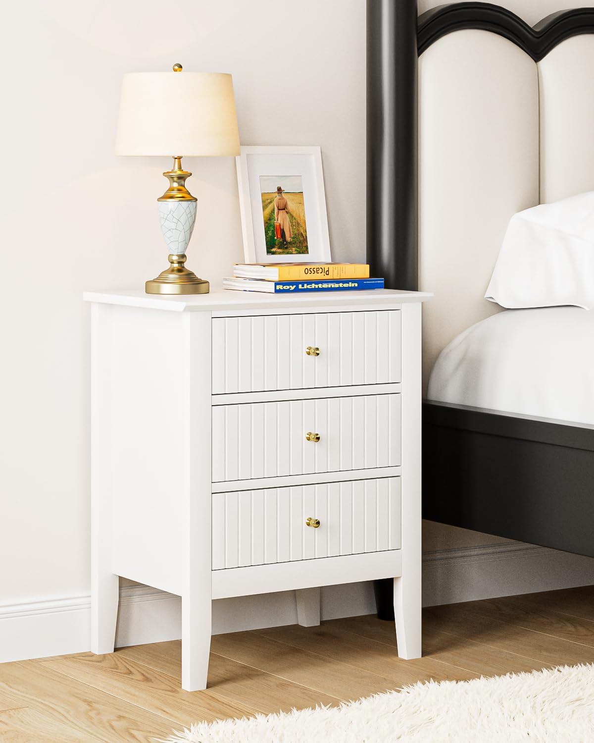 Fluted Nightstand, Farmhouse Night Stand with 3 Drawers