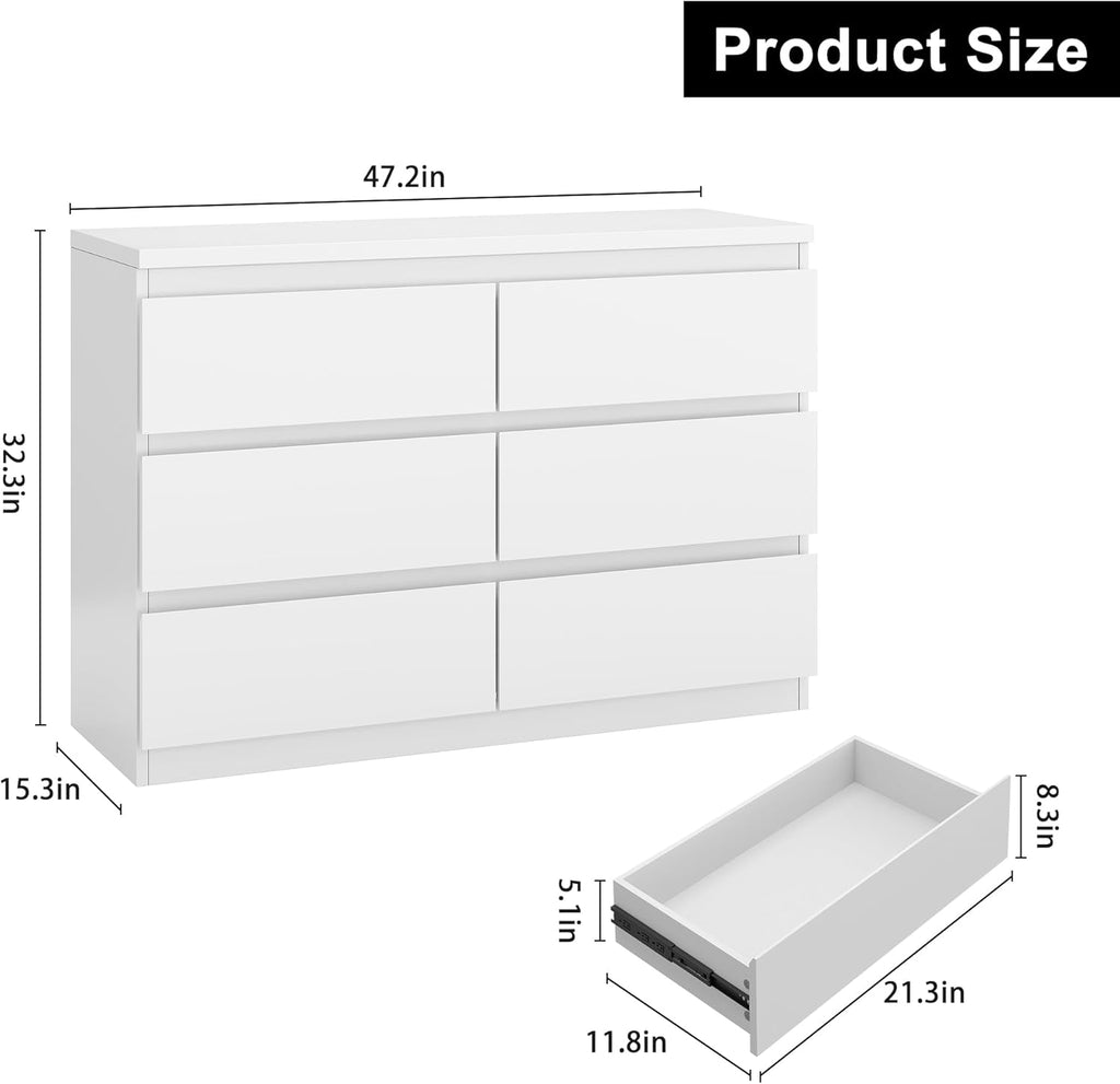 Jocoevol White 6 Drawer Dresser for Bedroom, 15.3" D x 47.2" W x 32.3" H in Simply Modern Chest of Drawers