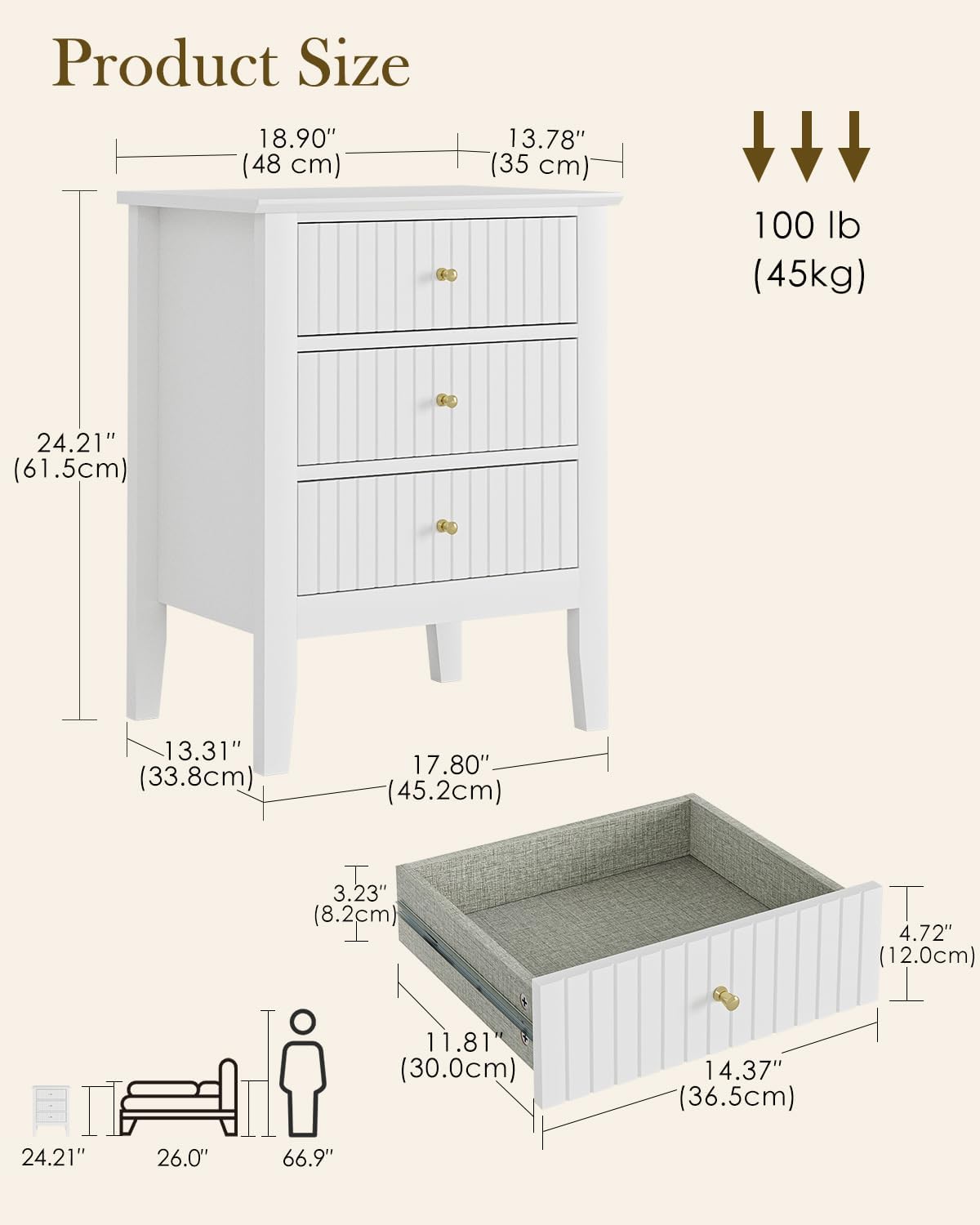 Fluted Nightstand, Farmhouse Night Stand with 3 Drawers
