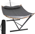 Double Portable Hammock with Stand, 2 Person Hammock with Curved Spreader Bar, Balance Ropes Included, Dark Gray