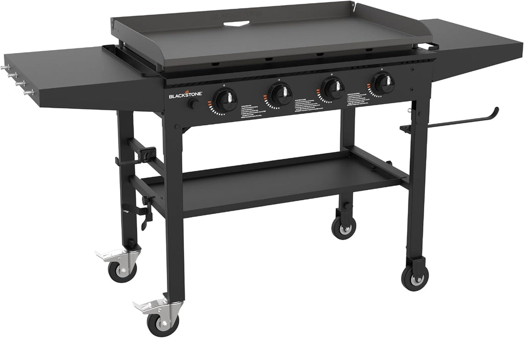 Blackstone 36 Inch 4 Burner 60,000 BTU Portable Steel Griddle Cooking Station with Foldable Legs, Grease Pan, and Storage