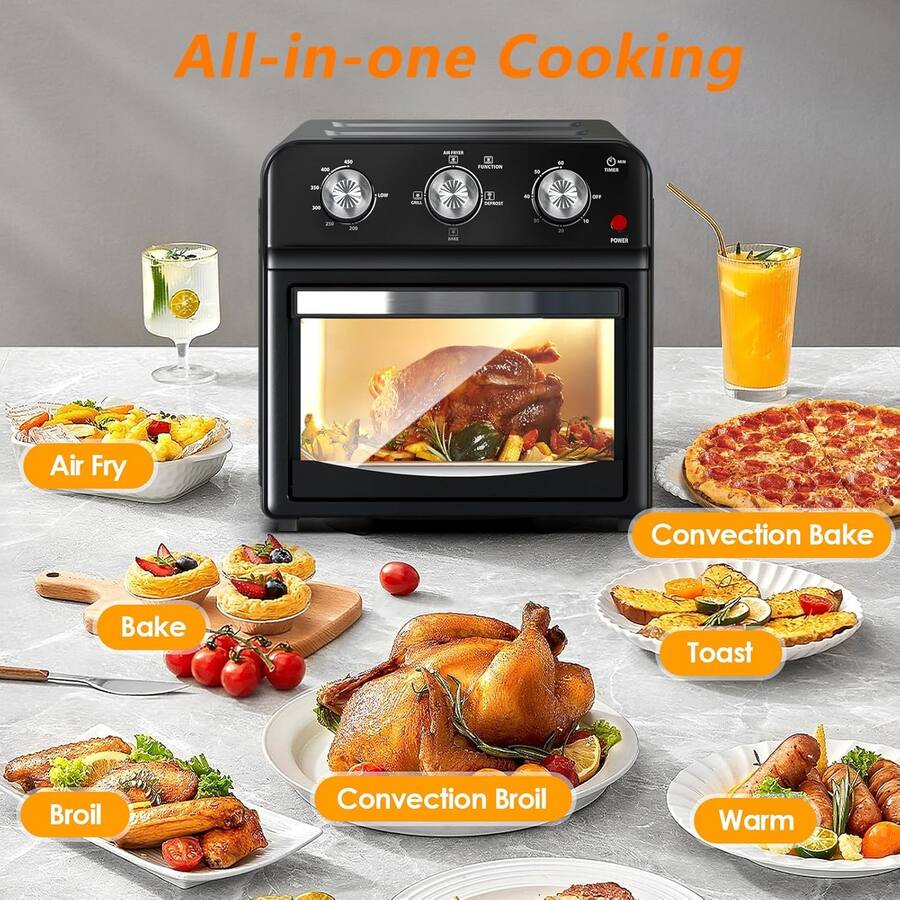 MOOSOO - 13 Quart Convection Toaster Oven, 1500W, 7-in-1 Air Fryer with Roast, Bake, Grill, Broil, Toast, Dehydrate, Defrost - Black