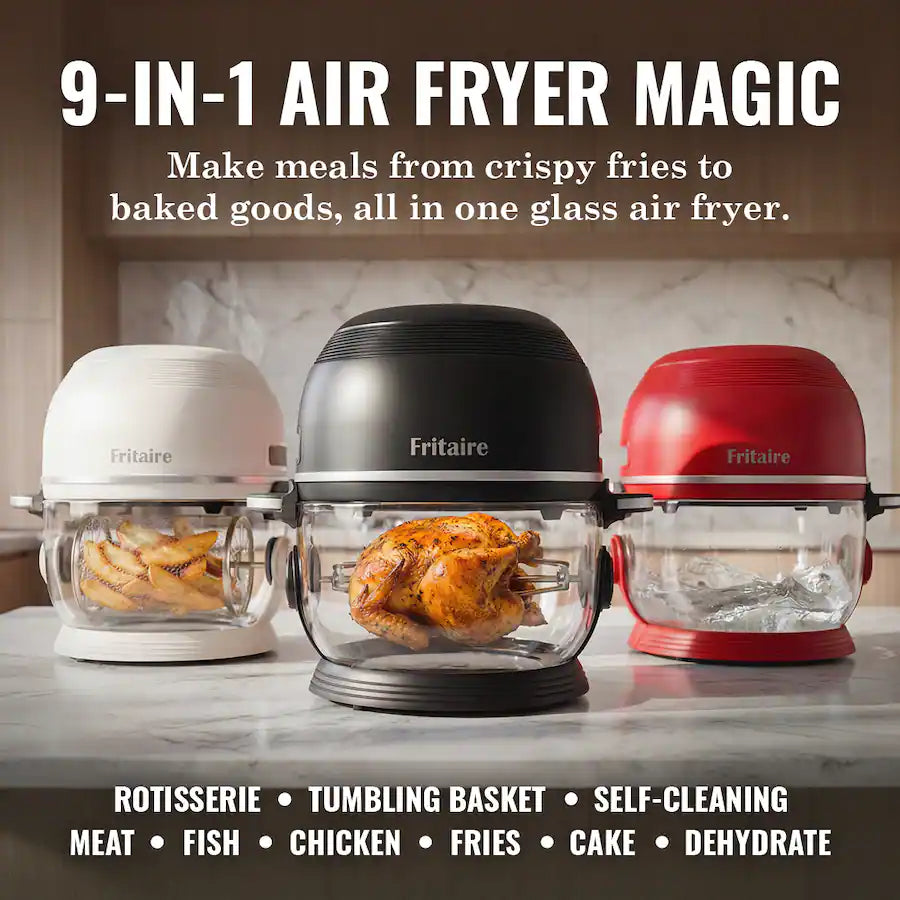 Fritaire - Non-Toxic Air Fryer - Glass Air Fryer, 5qt, Teflon-Free, PFOA- Free, w/ Accessories - Rotisserie and Tumbling Basket - Sage Green