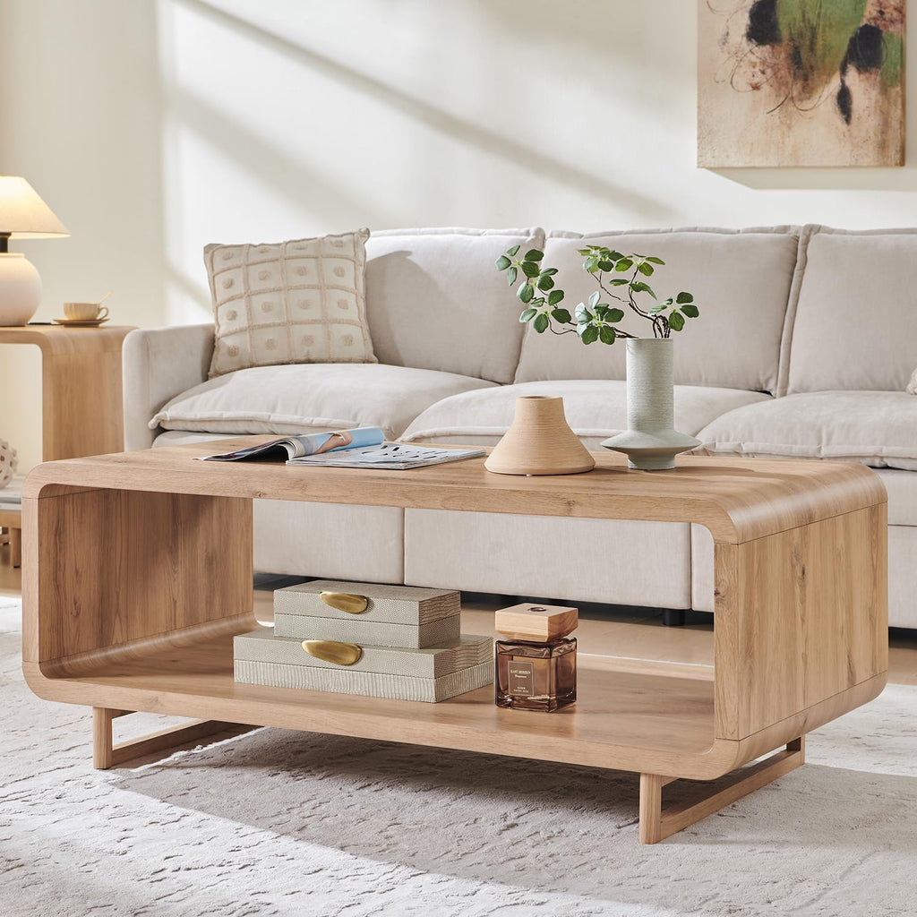IFGET 48" Modern Coffee Table, 2-Tier Minimalist Center Table with Storage Shelf, Curved Profile Design