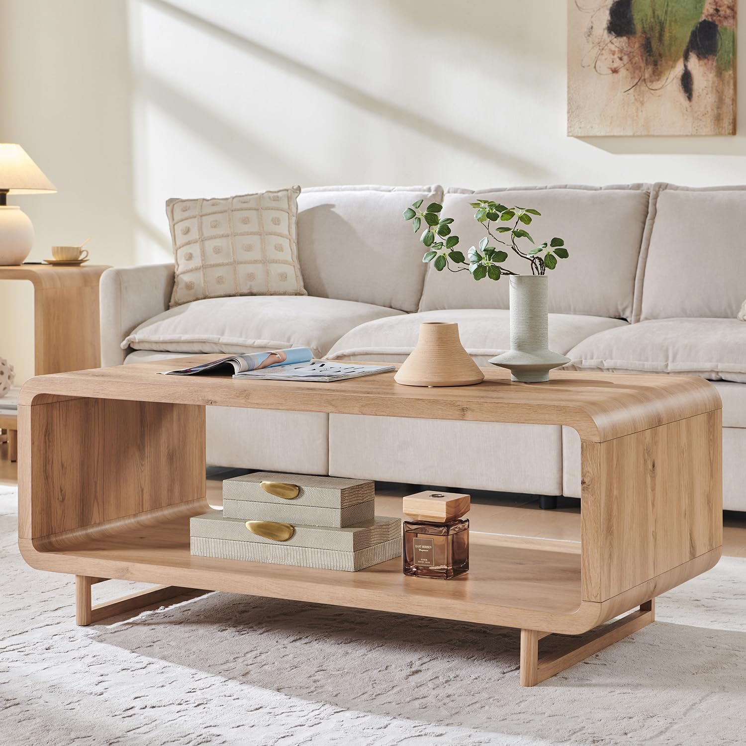 IFGET 48" Modern Coffee Table, 2-Tier Minimalist Center Table with Storage Shelf, Curved Profile Design