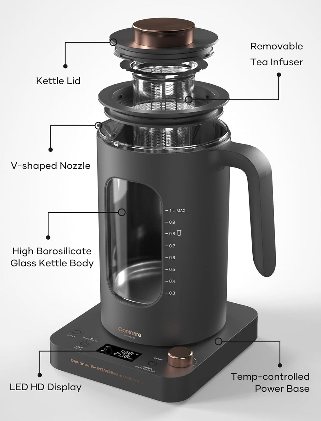 Electric Tea Kettle, INTASTING Glass Electric Kettle with tea Infuser and Precise knob