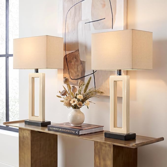 22" Modern Ceramic Table Lamps Set of 2, Cream Crackle Glaze Hollow Bedside Lamps