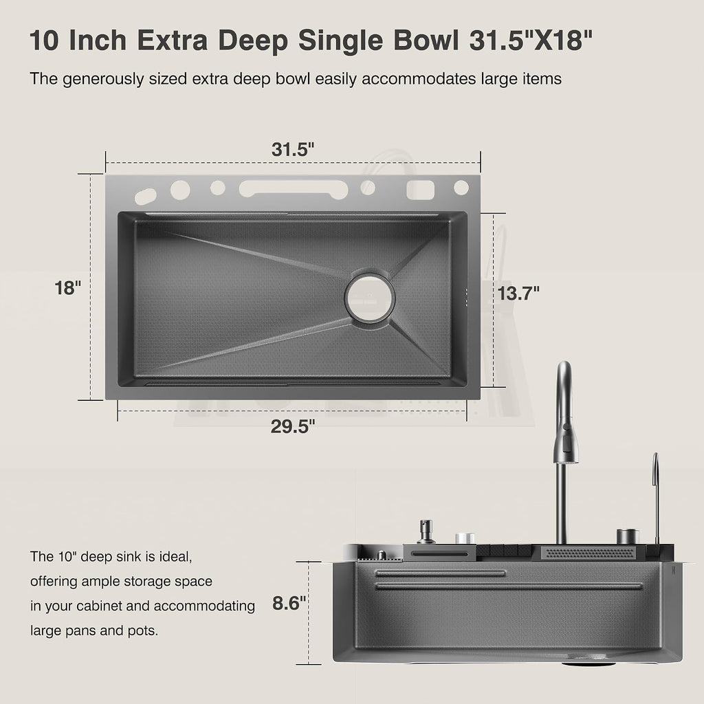 Digital Display Embossed Stainless Steel Nano Black Waterfall Large Single Groove Kithchen Sink with Pressurized Cup Washer