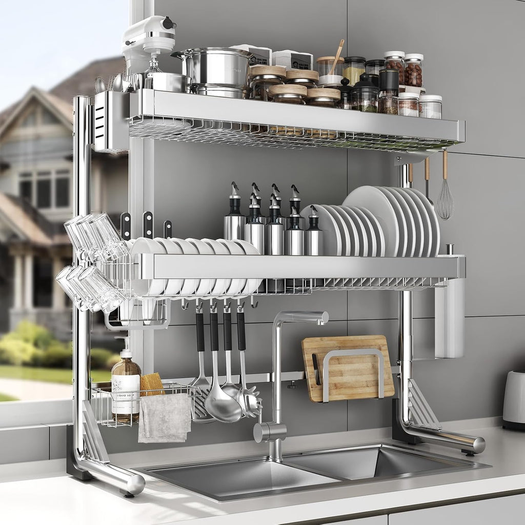 Over The Sink Dish Drainer Drying Rack 3 Tier, Full Stainless Steel Dish Drying Rack Adjustable Length 20.9''-37.4'', Kitchen Sink Shelf
